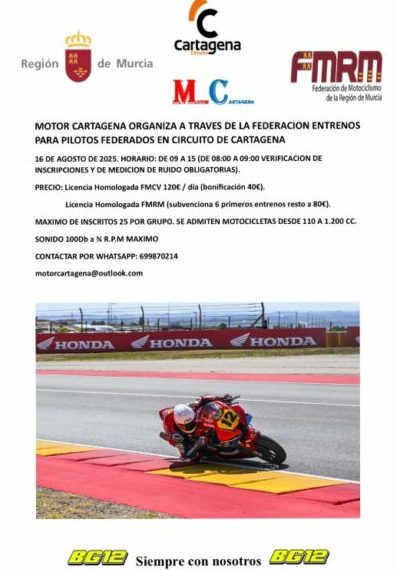 Motor Cartagena organiza a través de la FMRM entrenos para pilotos en el circuito Cartagena.
