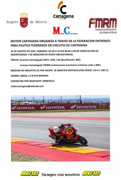 Motor Cartagena organiza a través de la FMRM entrenos para pilotos en el circuito Cartagena.